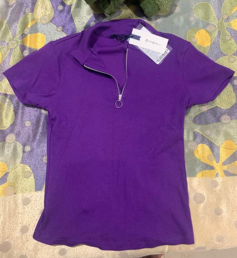 Mast &amp; Harbour Women Purple SolidHigh Neck T-shirt