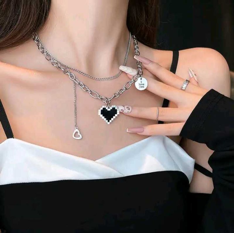 Korean Pixel Heart Layered Chain Necklace