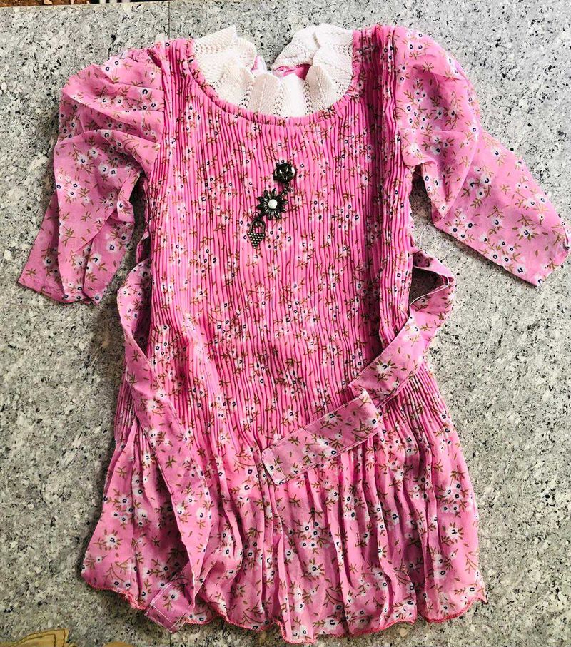 Pink Floral Dress with Lace Collar