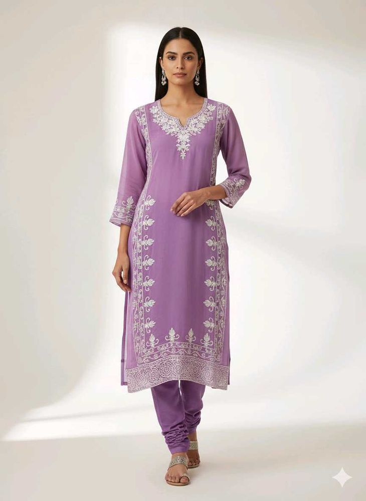 Ele Purple chickenkari semi stitched dress materia