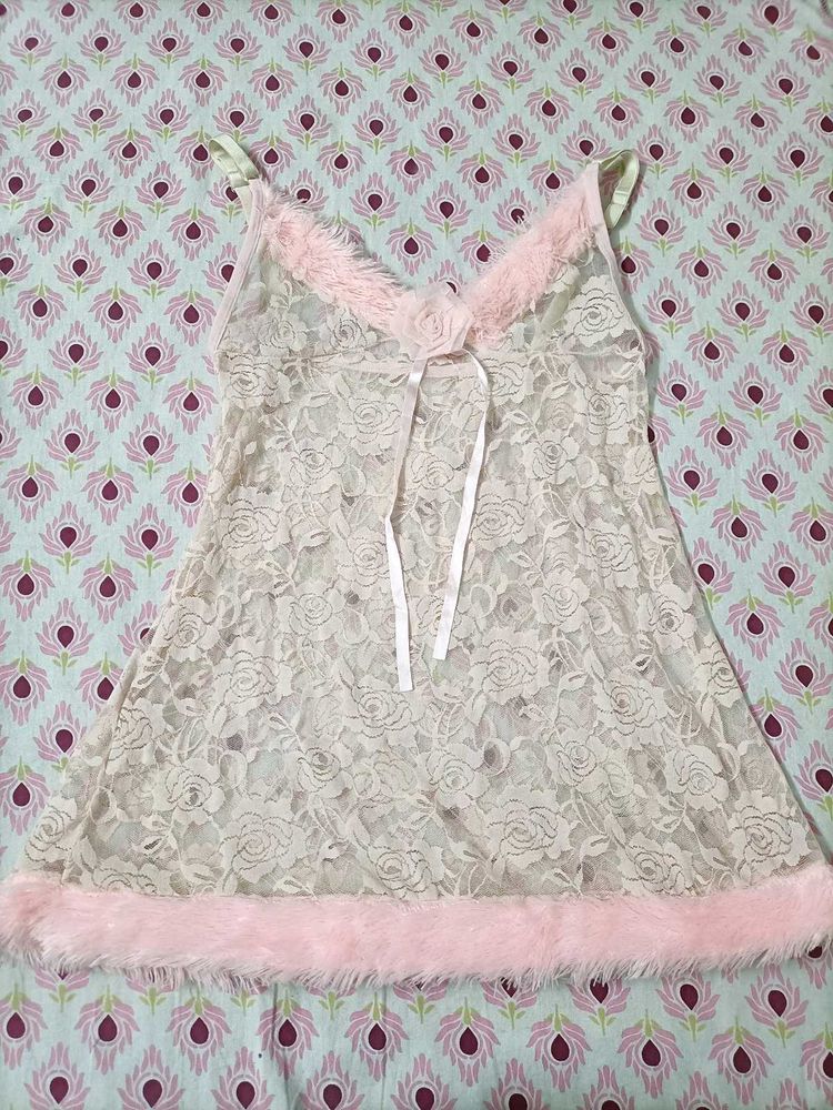 Lace &amp; Fur Trim Cami Slip Babydoll Dress