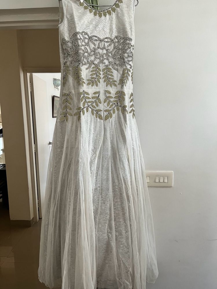 White Soft Net Fabric Floor Length Gown