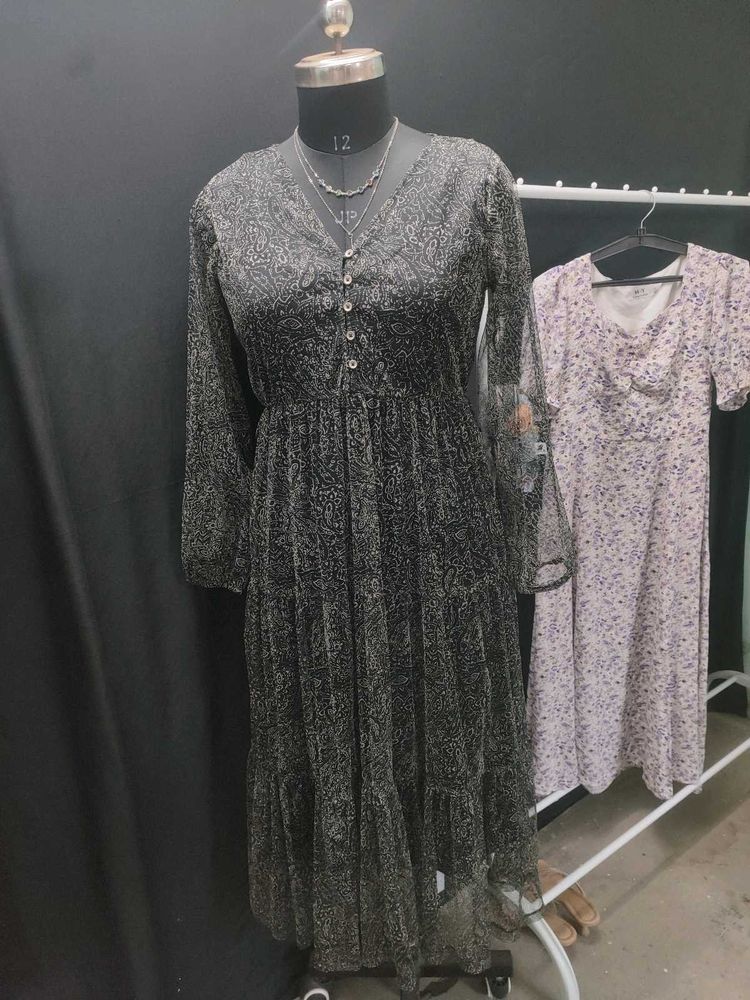 Elegant Black Print Long Dress