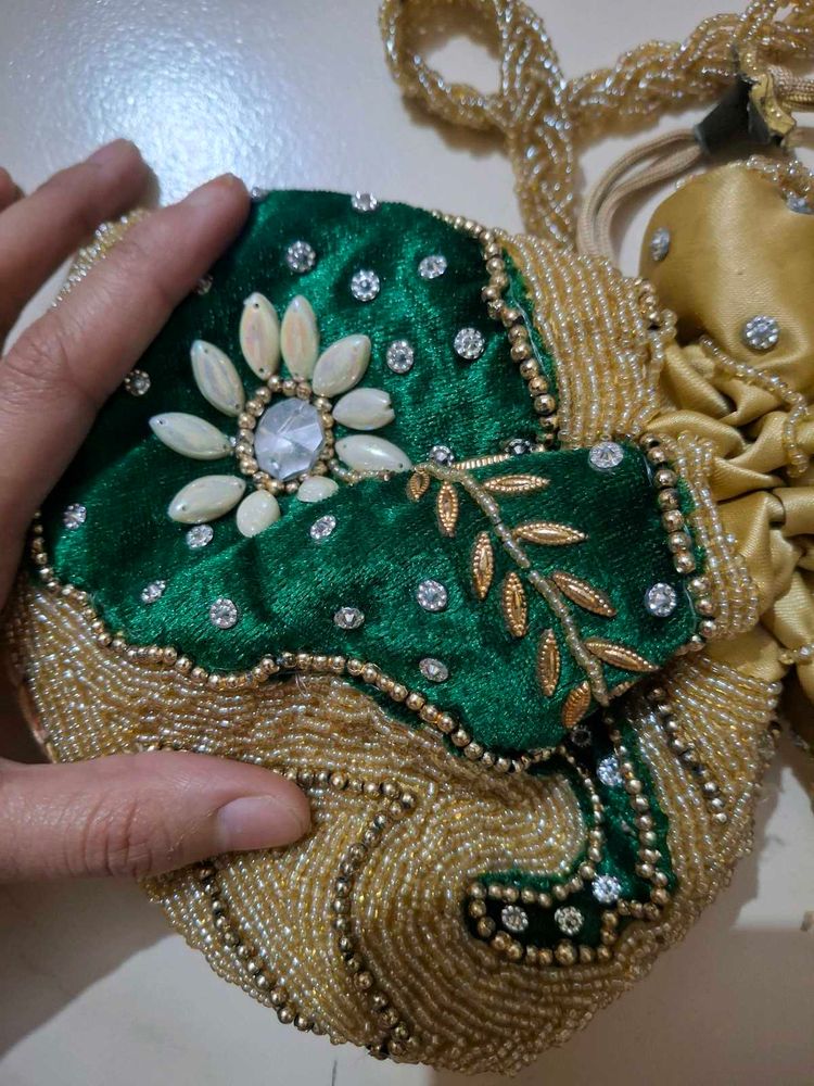 Potli Bag: Green Velvet &amp; Gold Beads