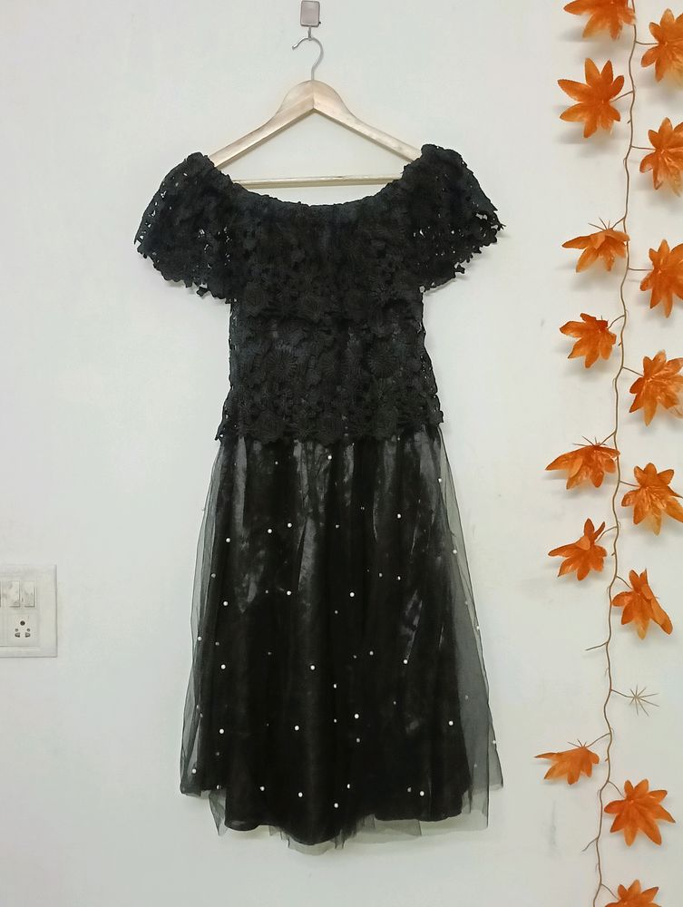 Black Net Midi Off Shoulder Dress For Women