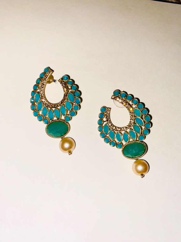 Teal &amp; Gold Statement Earrings
