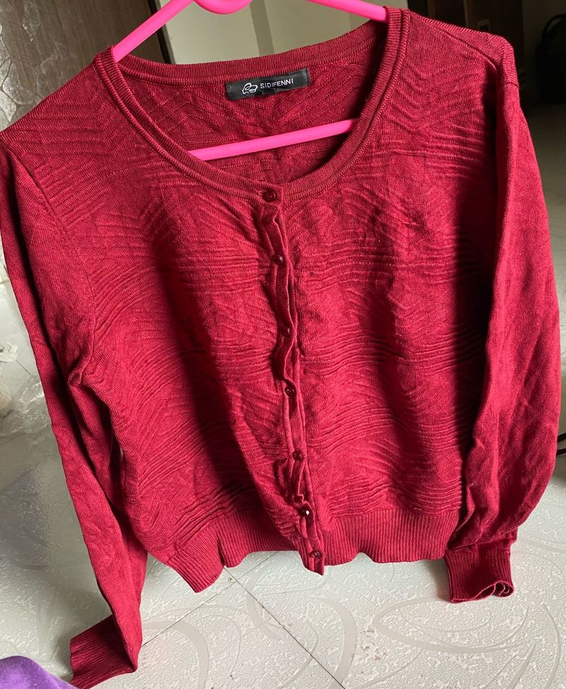 New Silk Red Button-Down Cardigan, size:xl