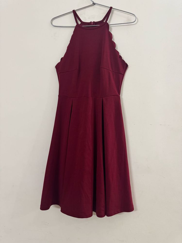 Burgundy Scalloped Halter Fit &amp; Flare Dress