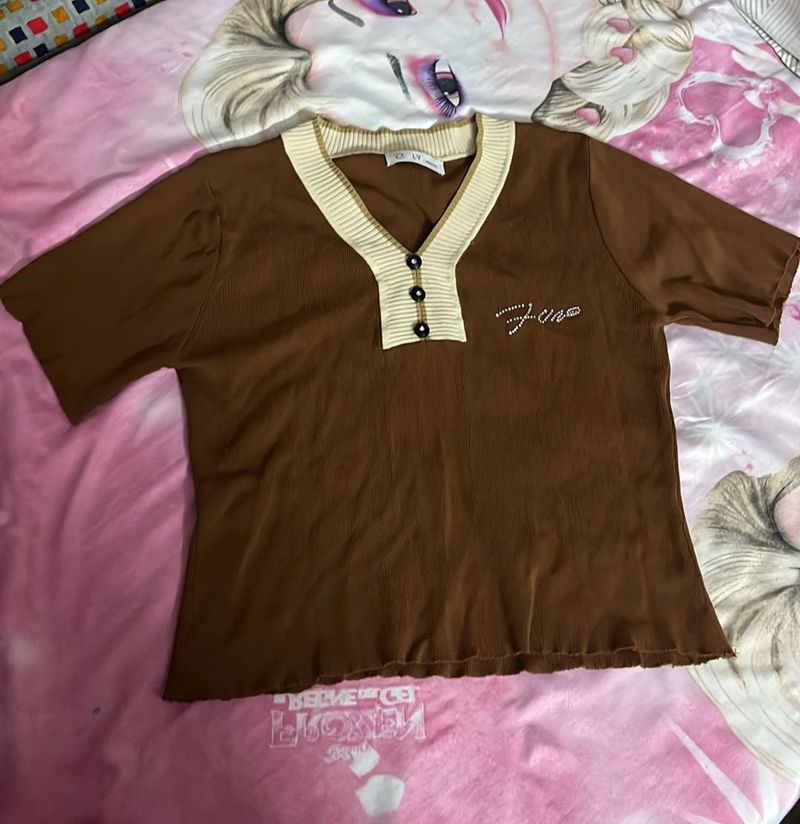 Cute Brown V-Neck Top