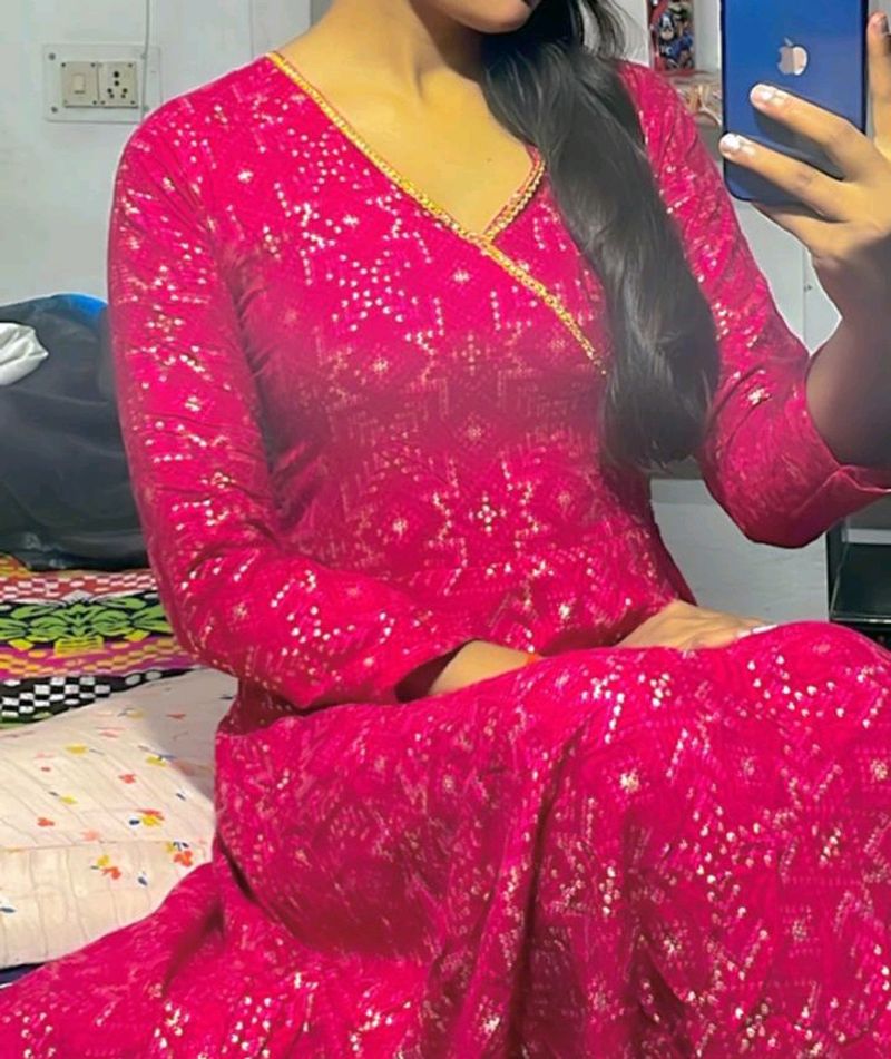 Full Flayer Gown Kurti Umbrella Cut Dark Pink