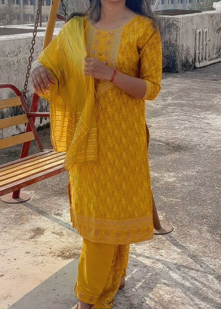 Yellow Kurta With Pant And Dupatta