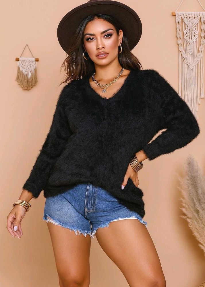 🎁Buy2 Get2 Free Fluffy Black Sweater Dress D