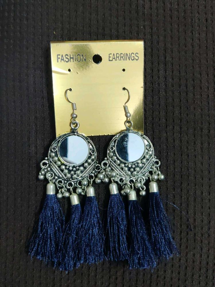 Blue Silk Tassles And Mirror Silver jhumki