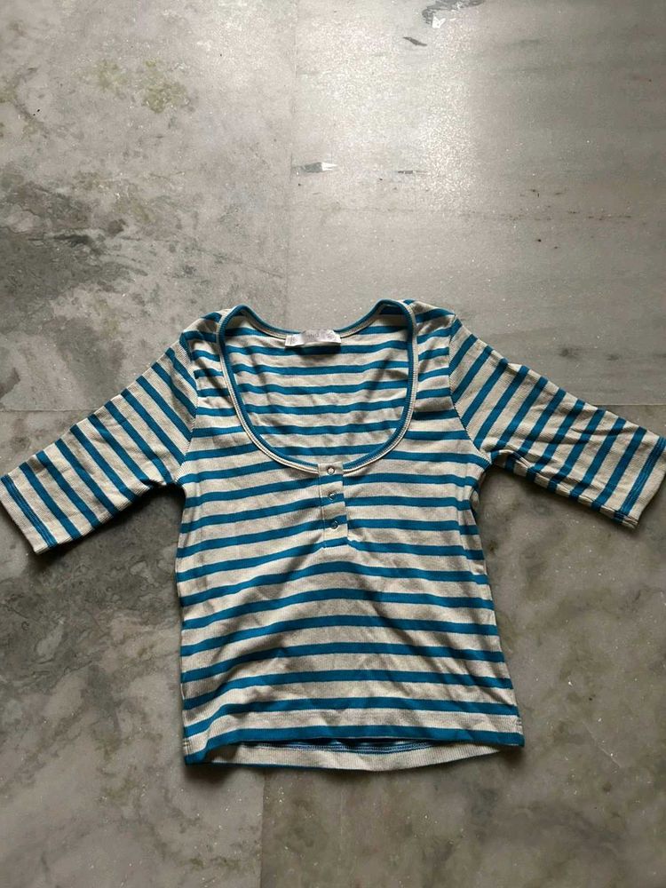 MANGO Striped 3/4 Sleeve Top