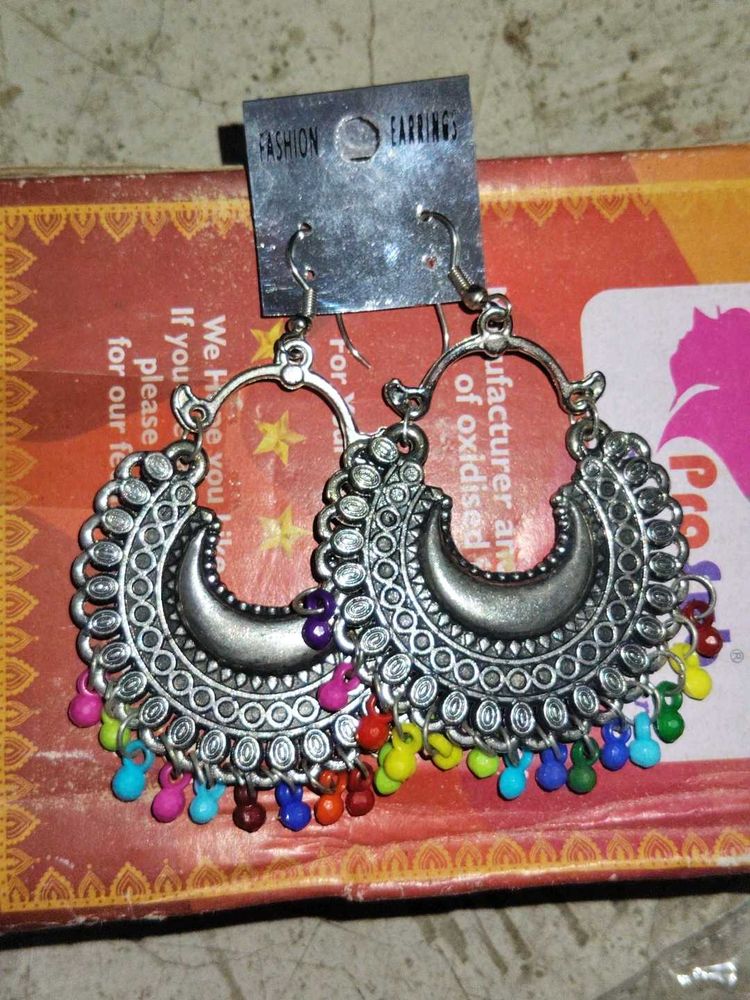 Colorful Beaded Silver Hoop Earrings