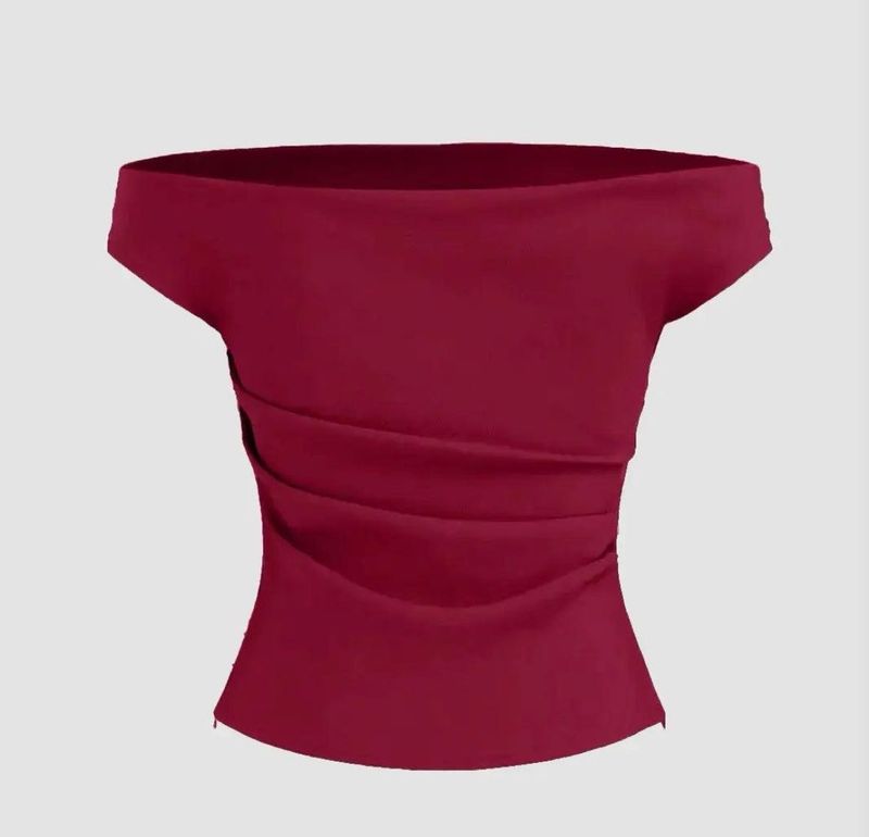 Solid Colour Off Shoulder Ruched Redberry Top