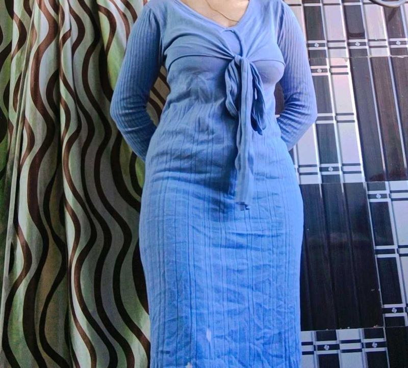 Blue Knit Midi Bodycon Dress