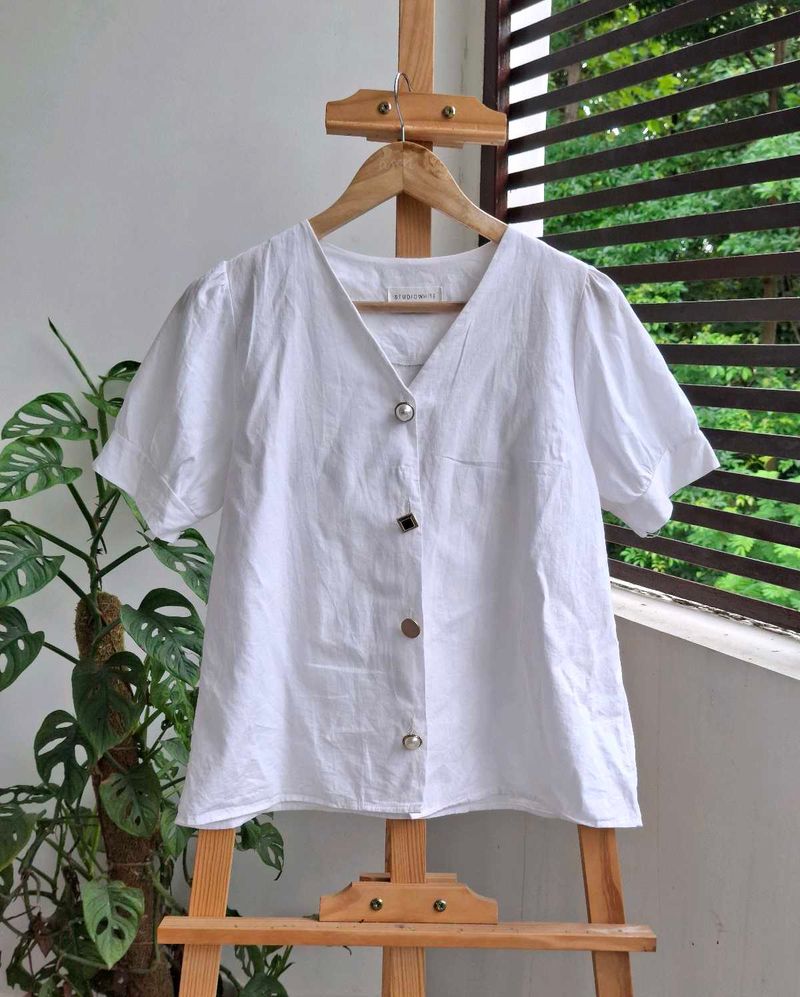 Korean White Button Down Top