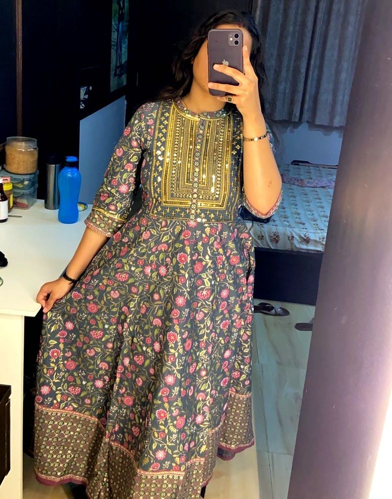 Golden Embroidered Anarkali Floor Length Kurta
