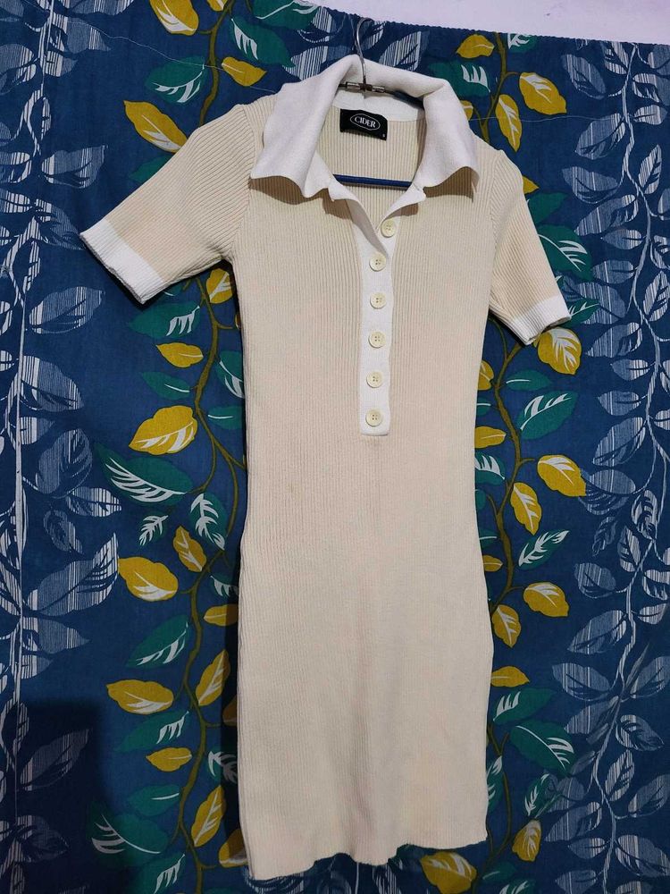 Cream Knit Polo Dress