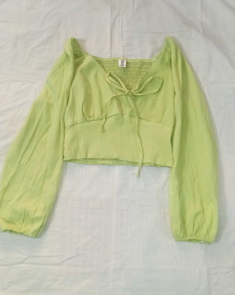 Bow Crop Top In Floresents green colour