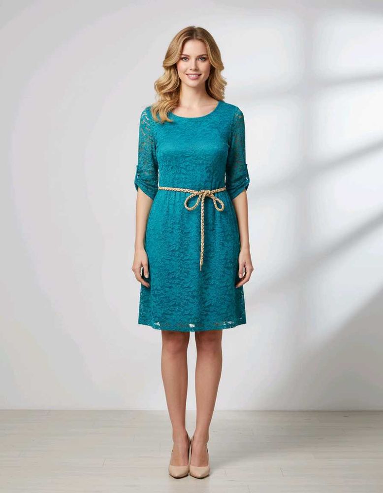 Imported  Teal Lace Dress with Braided Belt