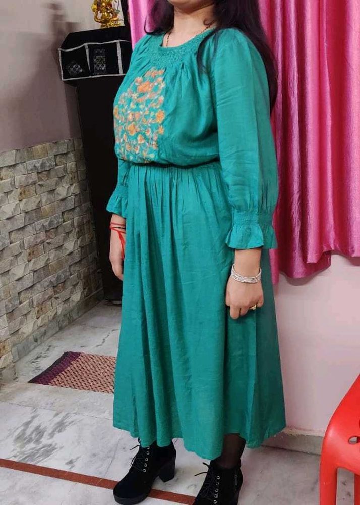 Teal Embroidered Midi Dress