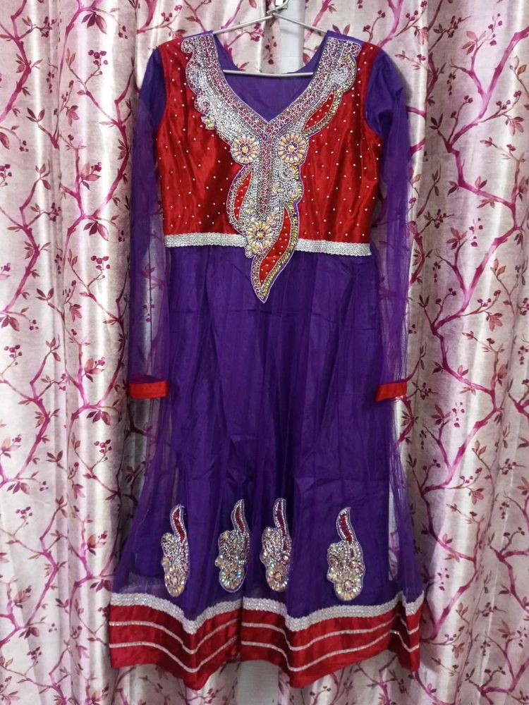 Elegant Purple &amp; Red Anarkali Suit Front Velvet