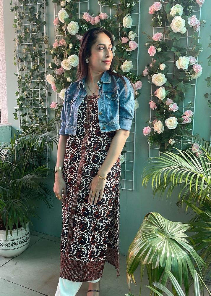 Floral Print Kurti with Denim Jacket