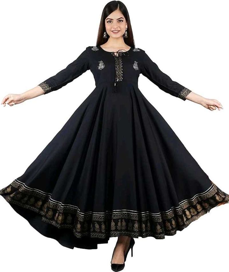 Black &amp; Gold Embroidered Anarkali Dress