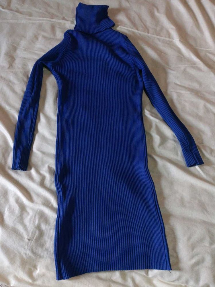 Blue Ribbed Knit Bodycon Dress