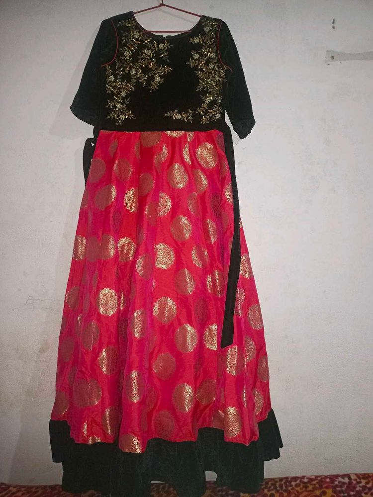 Elegant Embroidered Velvet &amp; Silk Dress