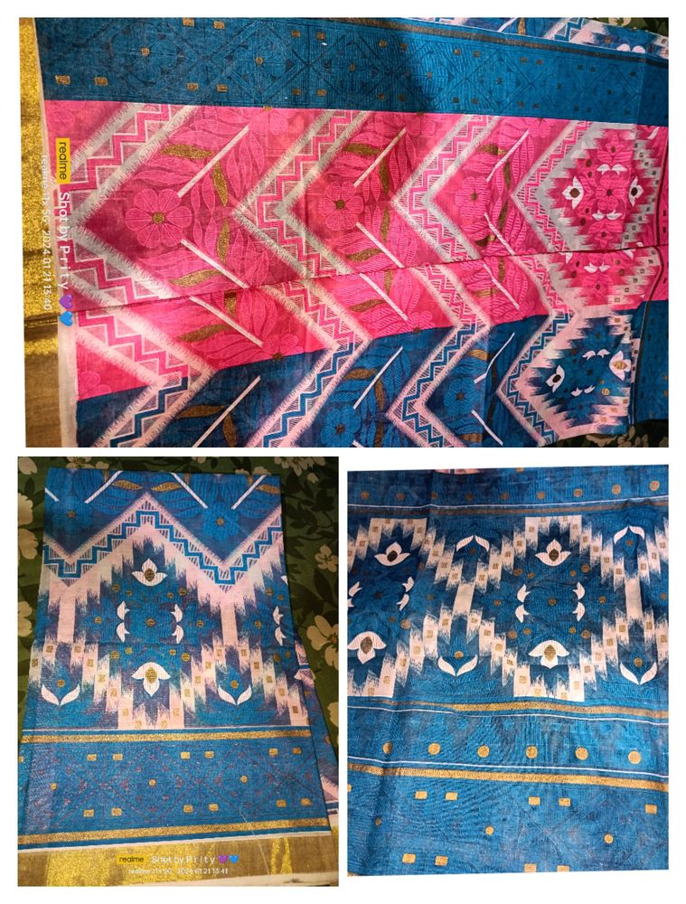 Light Blue And Pink Jamdani Saree