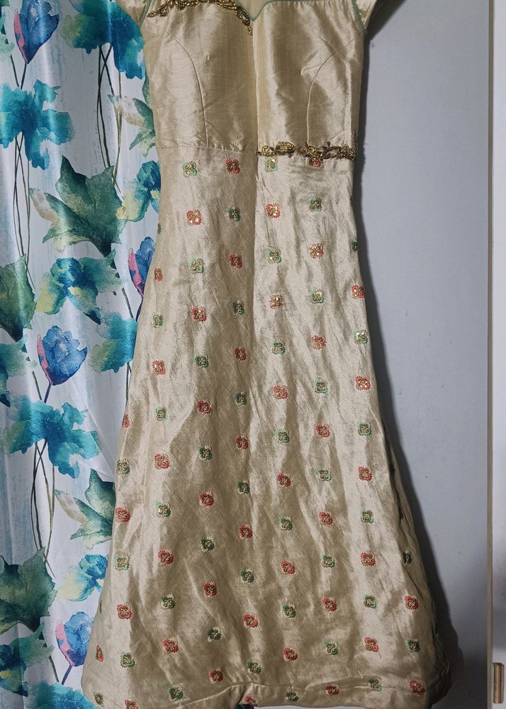 Long Ethnic Gown In Raw Silk Type Fabric
