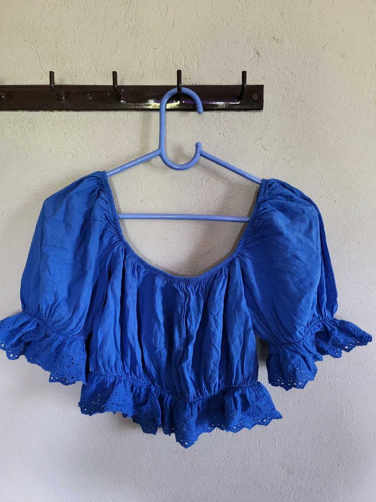 Blue Puff sleeve Crop Top