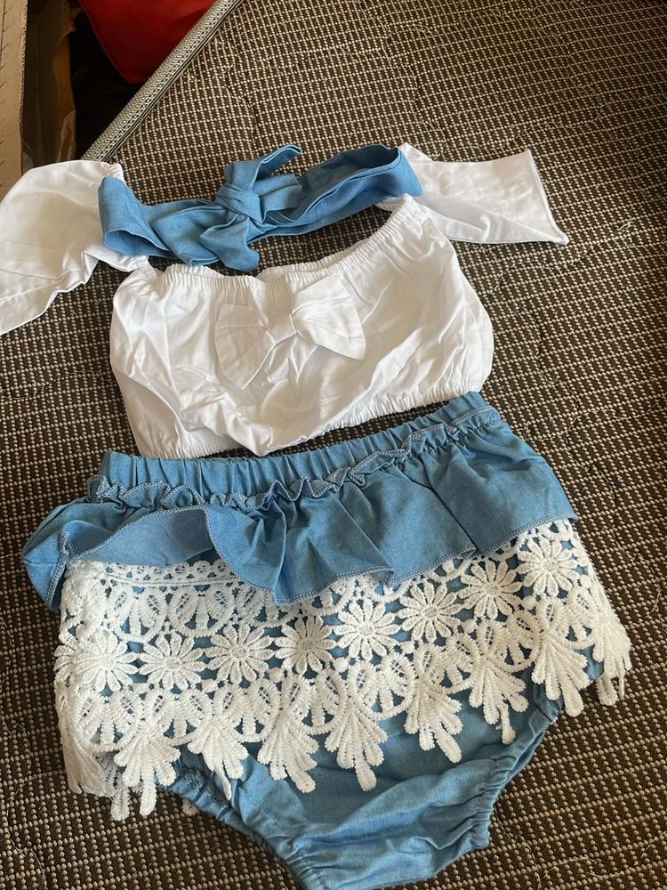 Off Shoulder White &amp; Blue Coord Set With Hairband