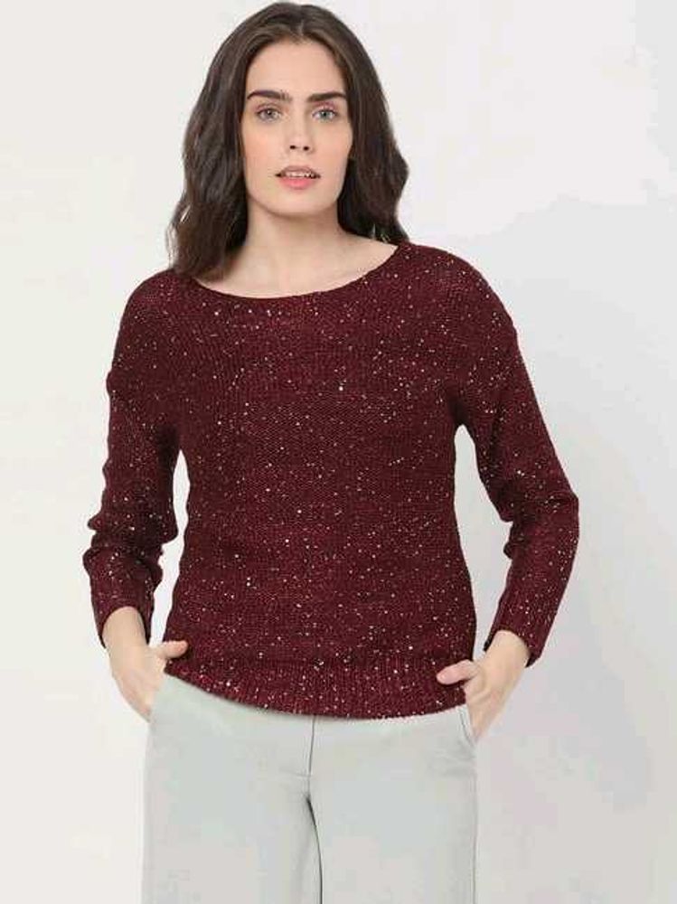 Women Boat Neck Maroon Woollen Top