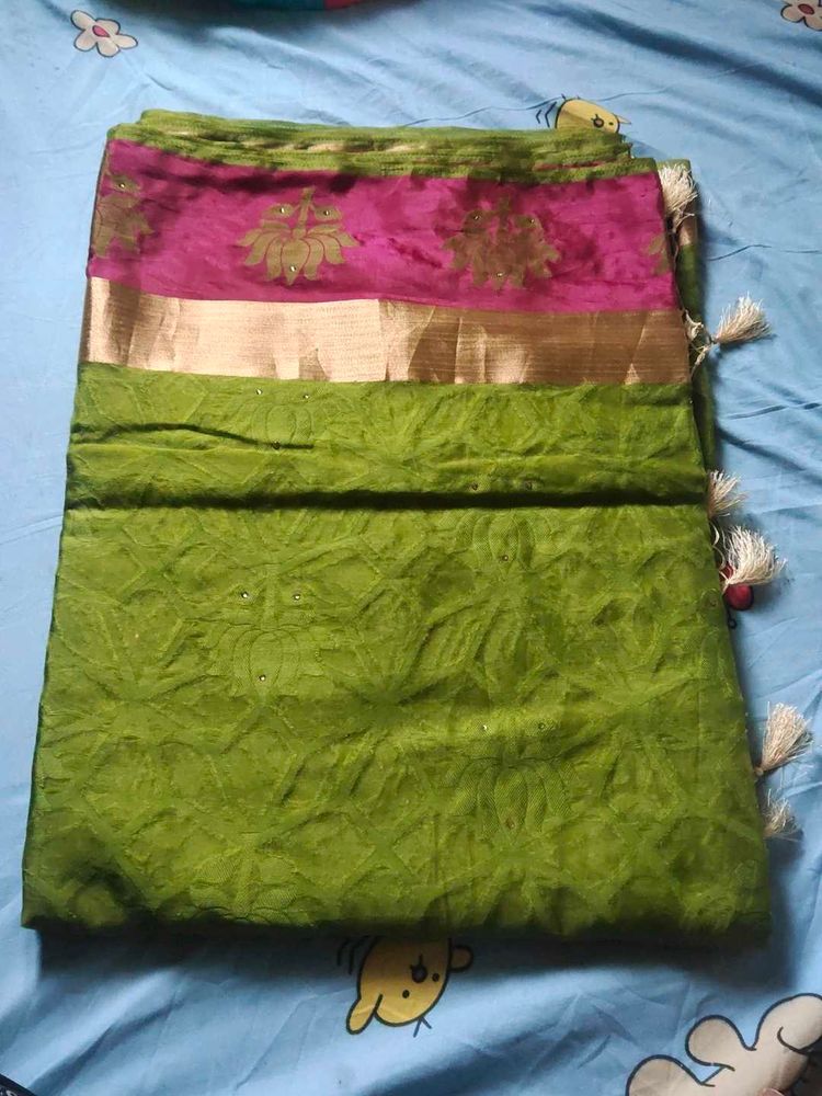 Green and Pink Saree with Gold Border