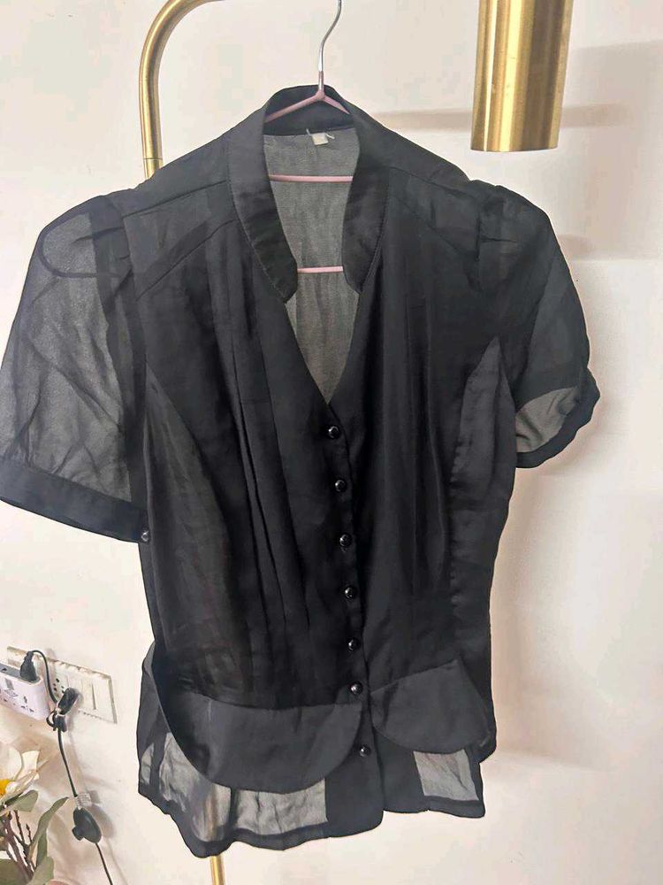 Sheer Black Button-Down Blouse