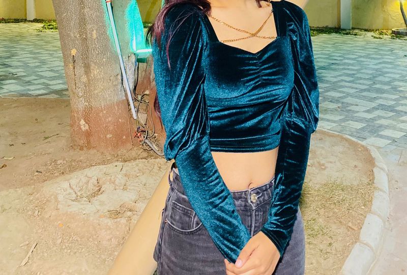 Velvet Puff Sleeve Crop Top