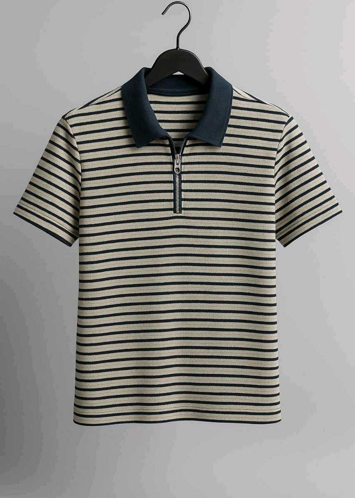 Product Title: Classic Navy &amp; Beige Striped Half-Z