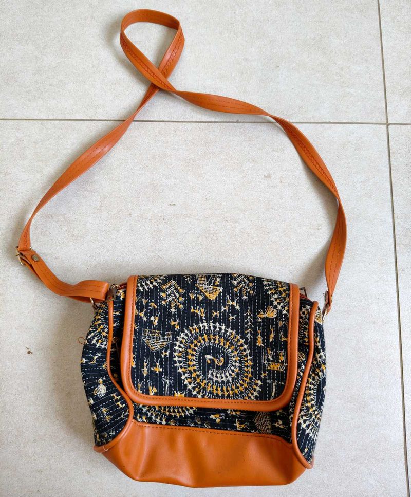 Brown And Blue Sling Bag With 3 Spaces