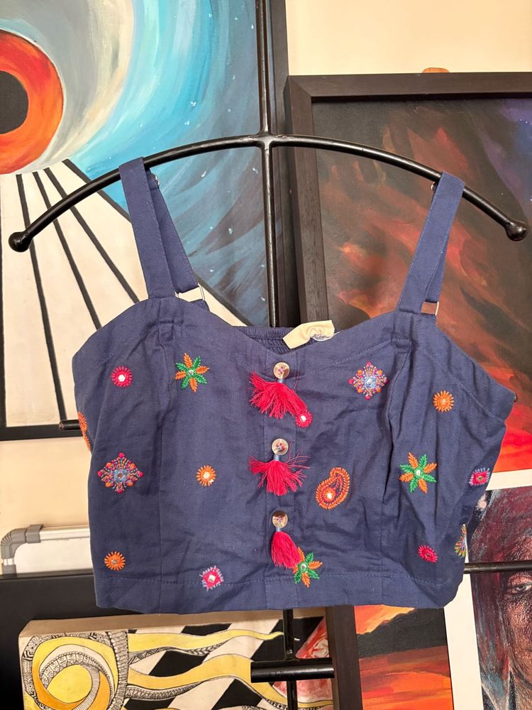 Embroidered Tassels Navy Crop Top Bombay Paisley