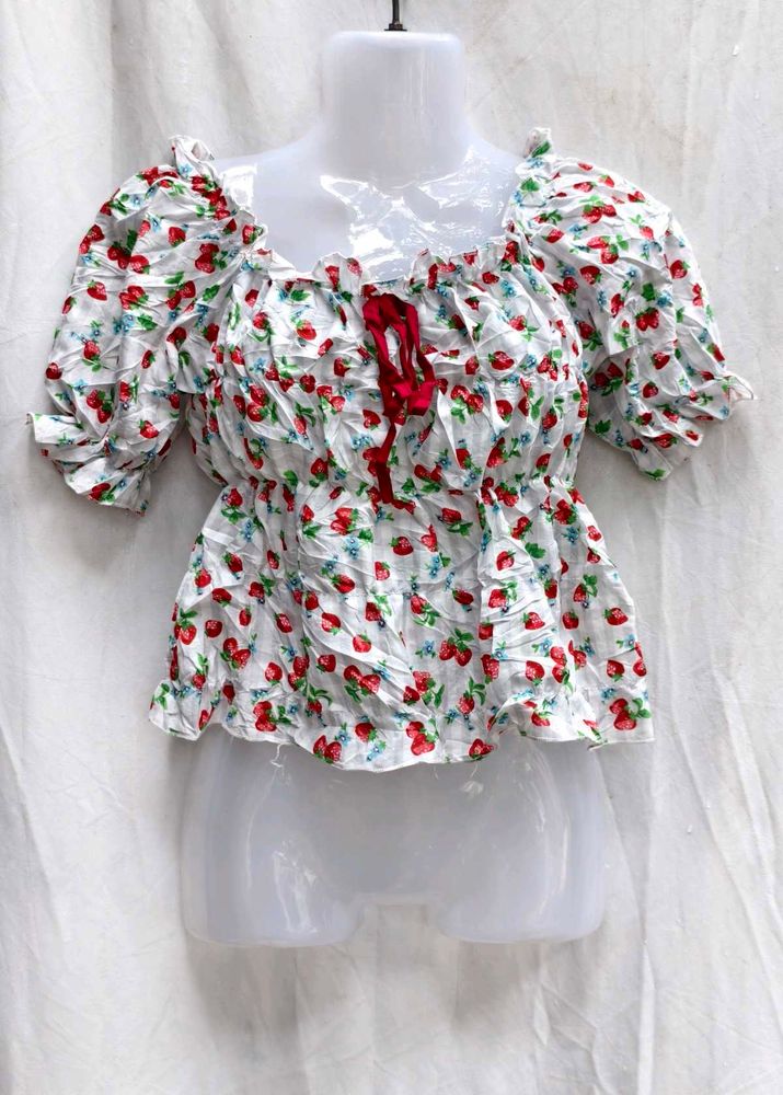 I. Strawberry Print Peplum Top