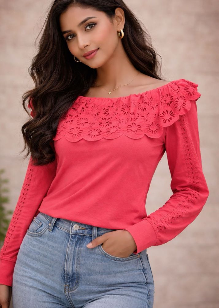 Coral Laser-Cut Long Sleeve Top