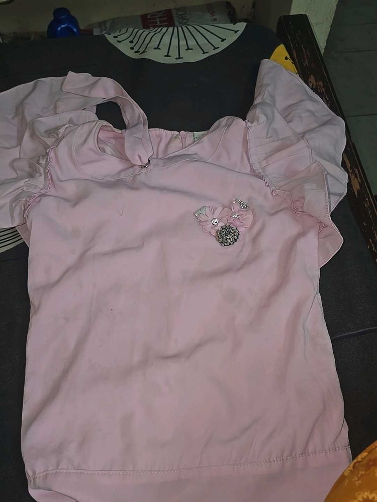 Pink Frill Sleeve Top And Blue Bottom
