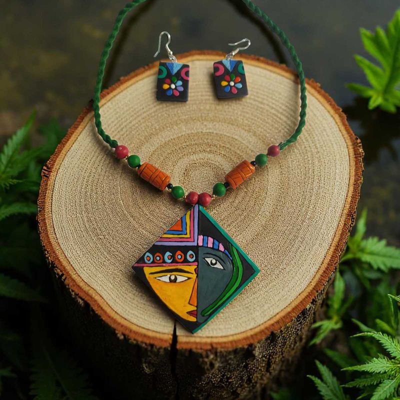Unique Handmade Terracotta Tribal Face Jewelry Set