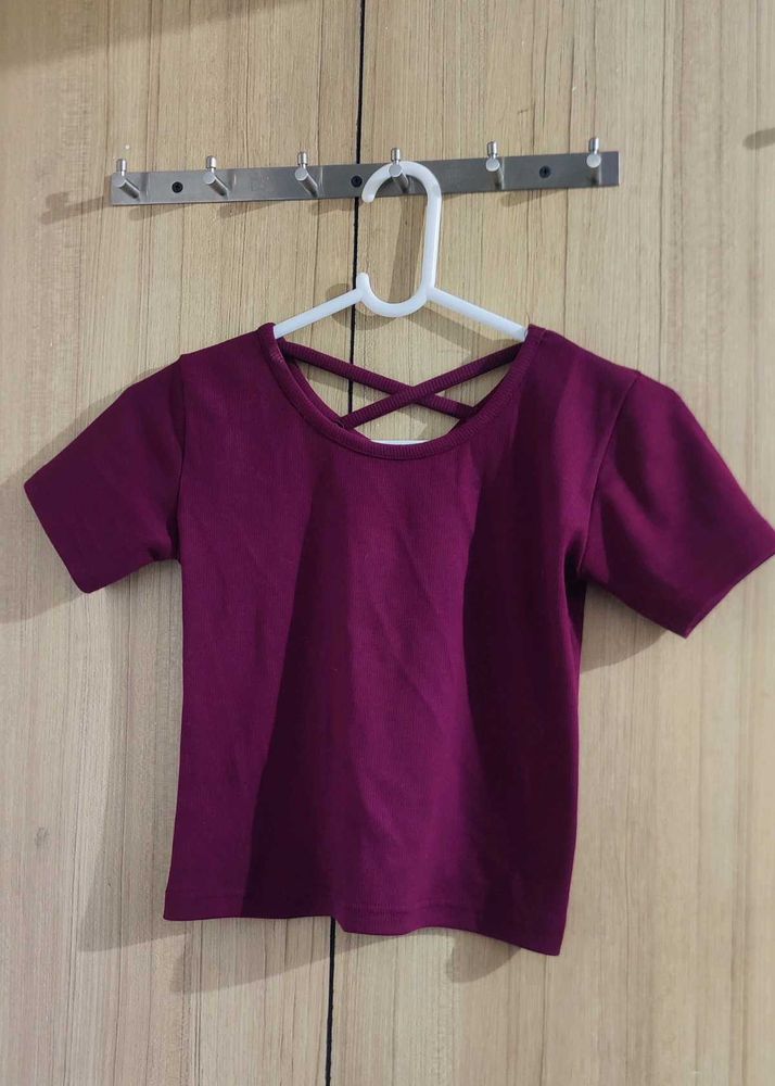 Burgundy Ribbed Crop Top with Criss-Cross Back