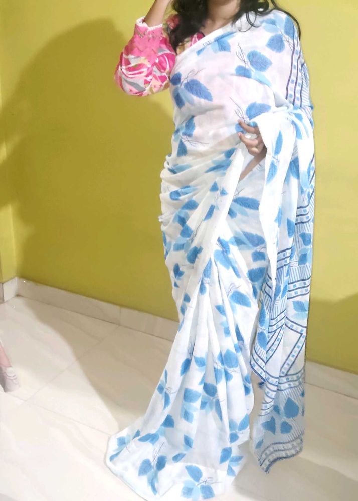 White &amp; Blue Floral Saree