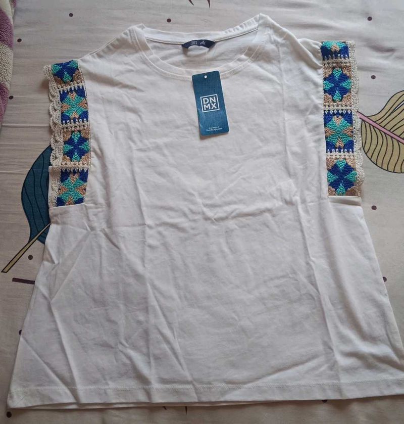 White T-Shirt with Crochet Detail